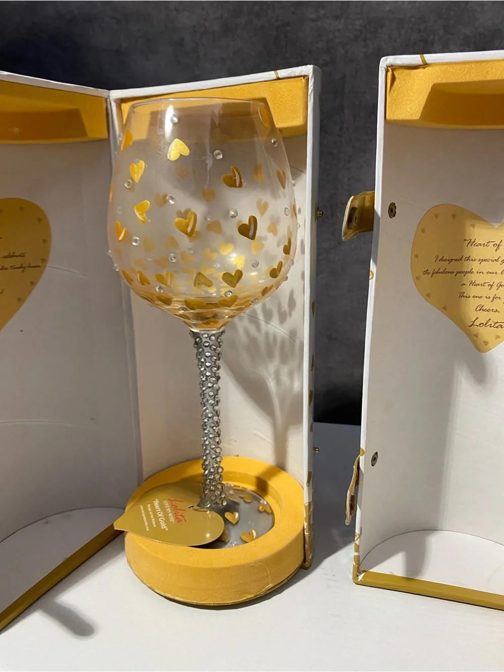Lolita Heart of Gold Wine Glass Pair Hand Painted Rhinestone Stemmed Set of 2